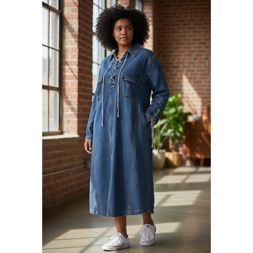 Vintage 90s/Y2K Adriana Sport Denim Tie Front Dress SZ 24 Classic Retro Lg Sleev